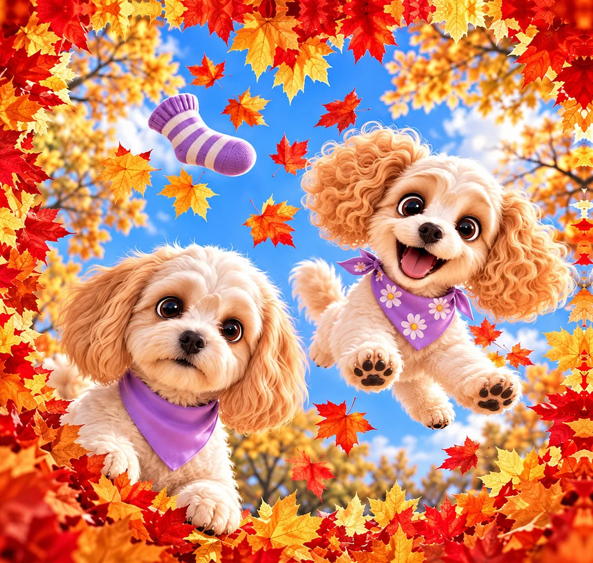Harper and Charlotte in a pile of red and orange leaves